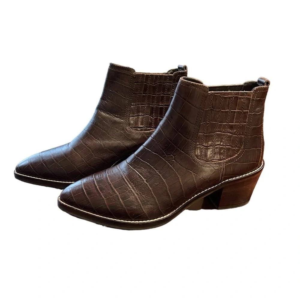 Boden Burwell Croc Embossed Leather Ankle Boot Brown Size 39/US 8.5 BB4